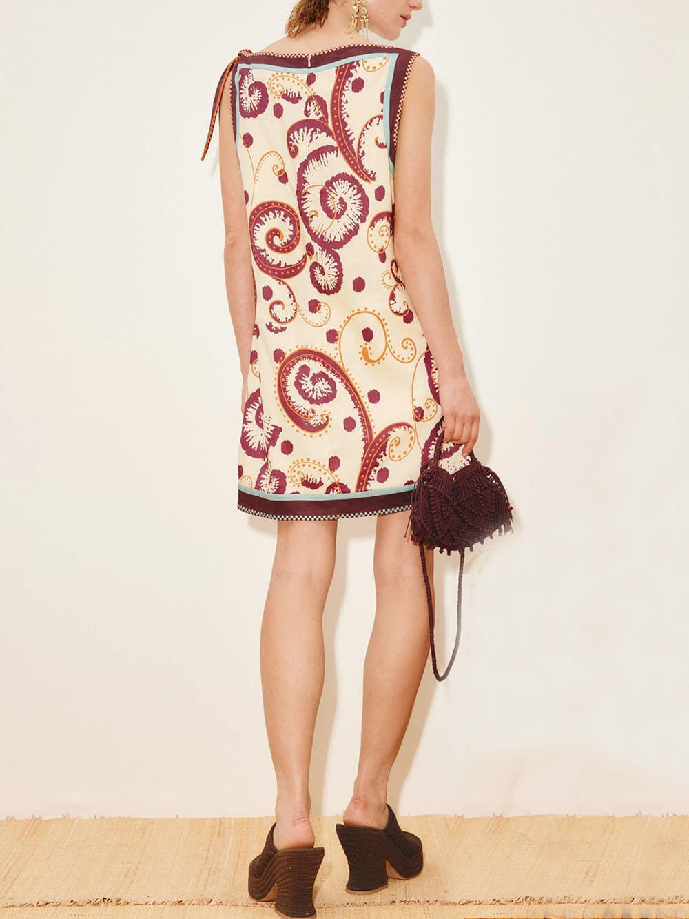 Classic Palelis Print Straight Neck Tie-Waist Mini Dress