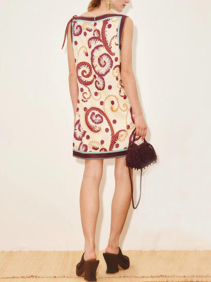 Classic Palelis Print Straight Neck Tie-Waist Mini Dress