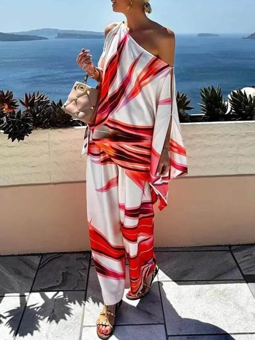 Exquisite Printed Elastic Waist Pocket Straight-Leg Pants