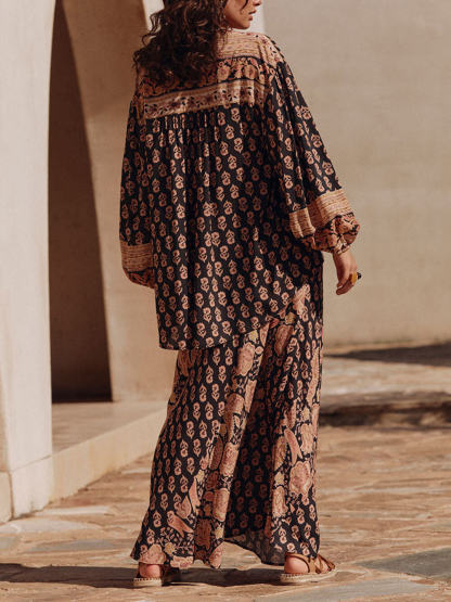 Boho Printed Draped Loose Button-Up Shirt