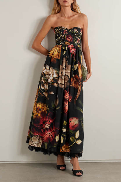 Exquisite Strapless Lace-Trimmed Printed Pleated Midi Dress