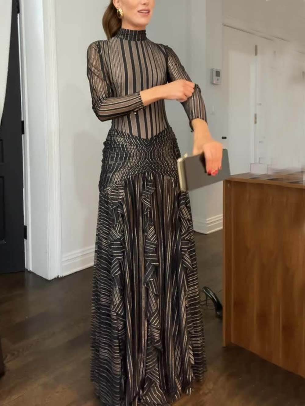 Exquisite Floral Print Ruffle Panel Slit Maxi Dress