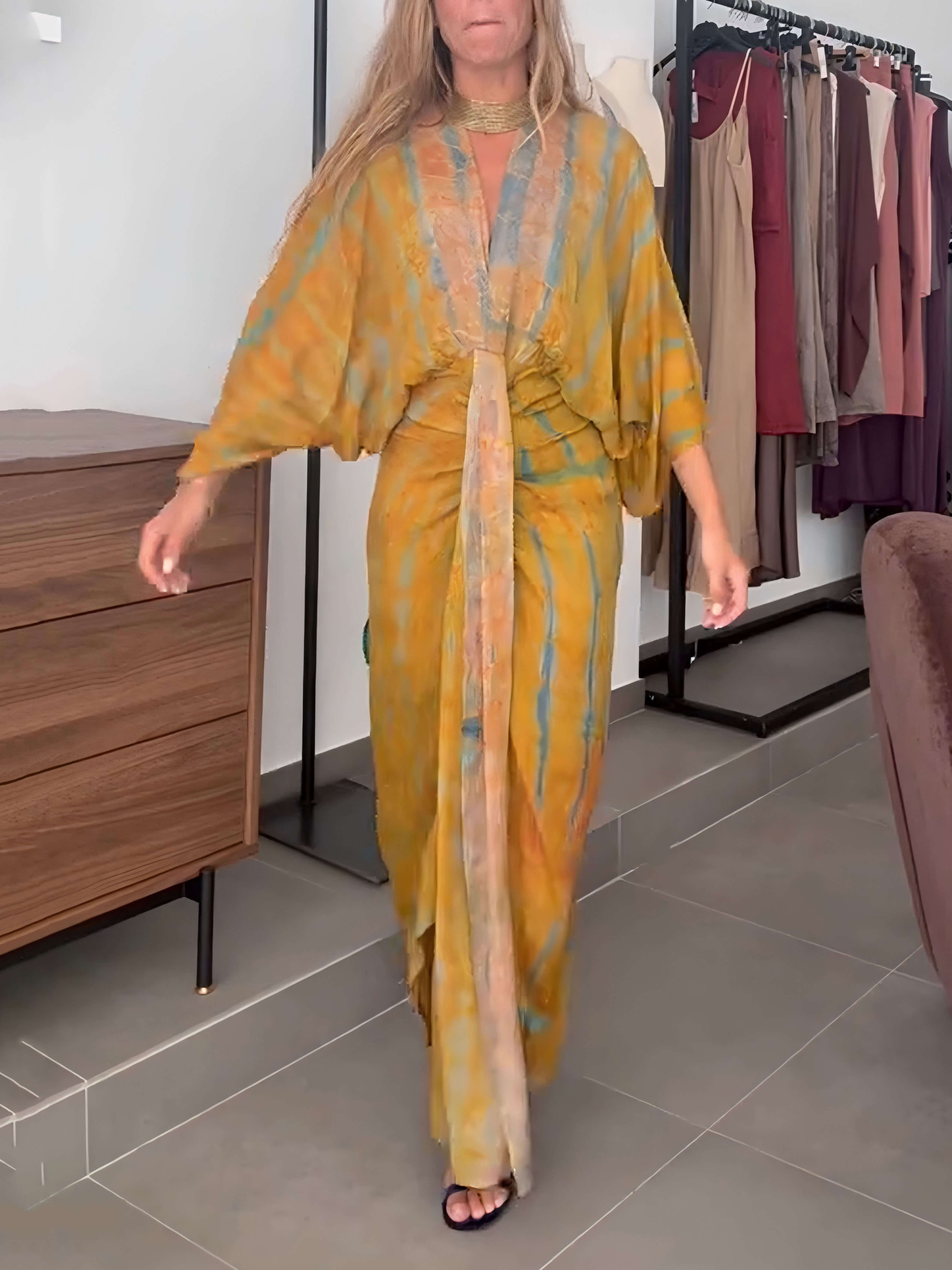 Casual Bohemian Kimono-Inspired Tie-Dye Waisted Maxi Dress