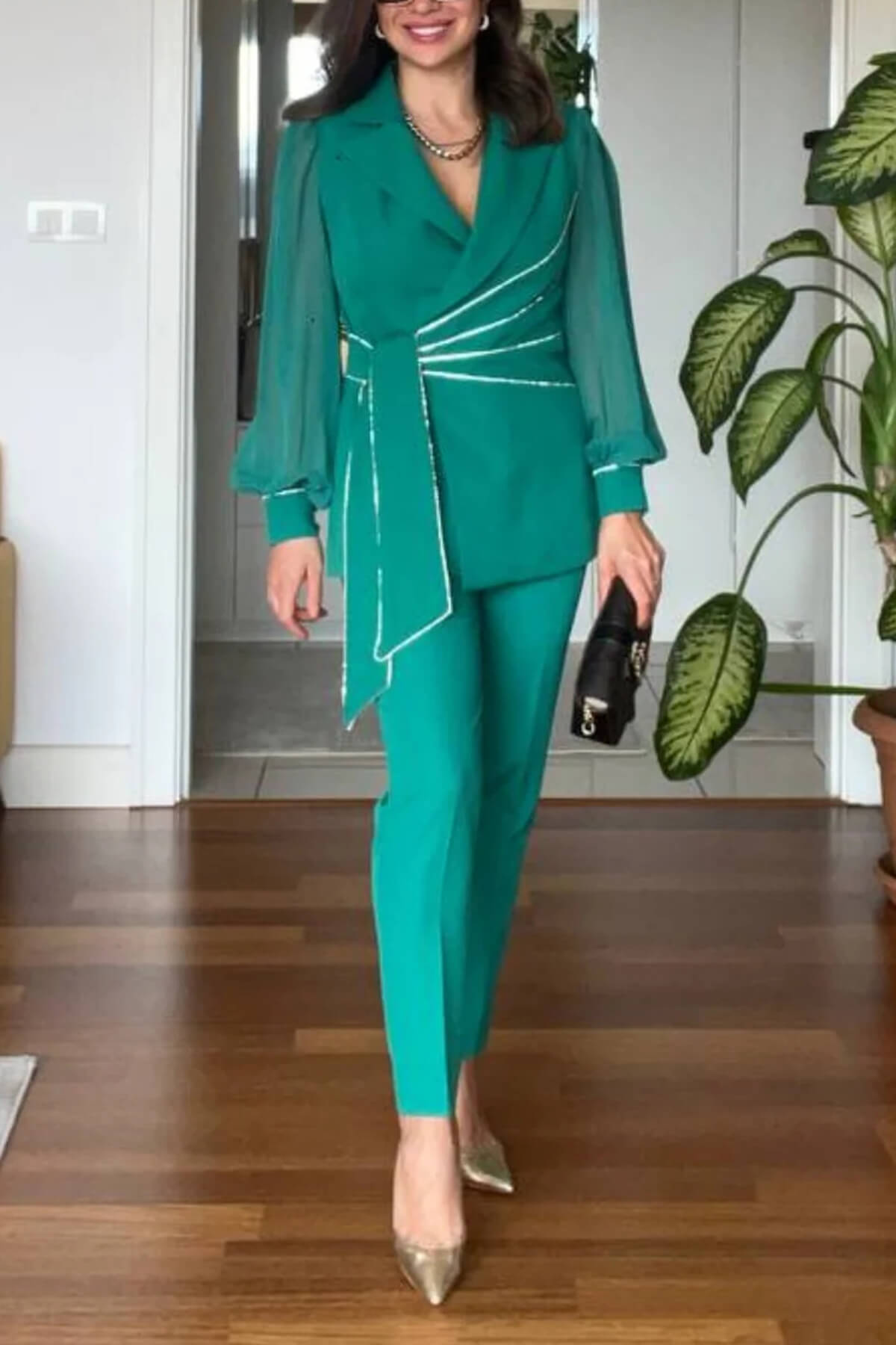Elegant V-Neck Colorblock Belted Shirt & High-Waist Tapered Pants Set