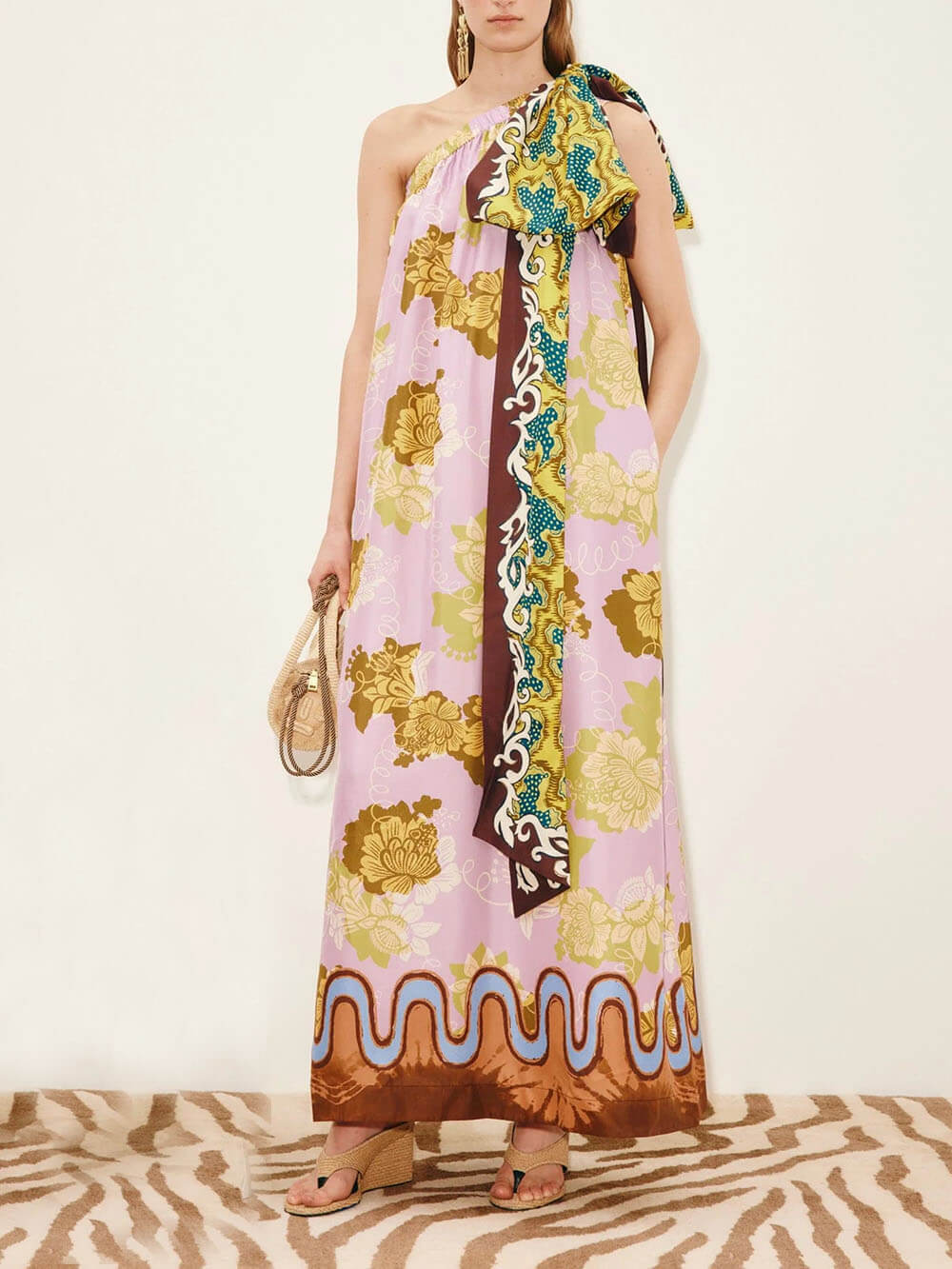 Modern One-Shoulder Printed Satin Bow Maxi Dress