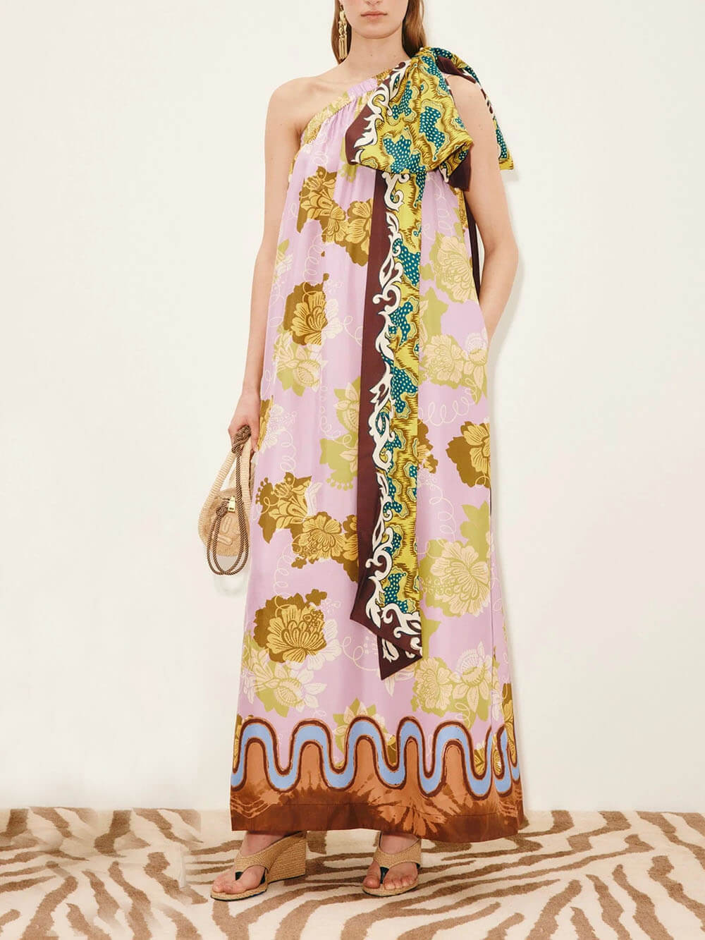 Modern One-Shoulder Printed Satin Bow Maxi Dress