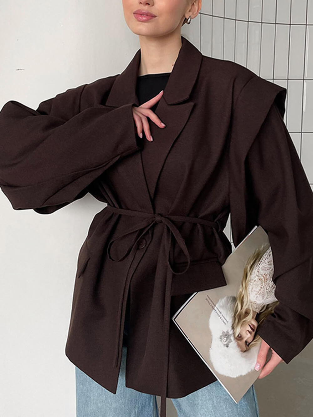 Fashion Collared Belted Loose Blazer