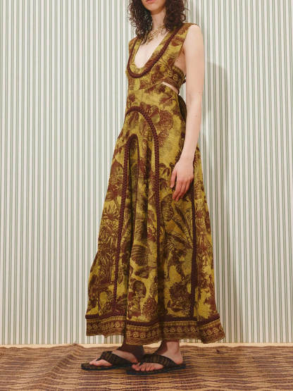 Delicate Printed Cut-Out Patchwork Knit Maxi Dress