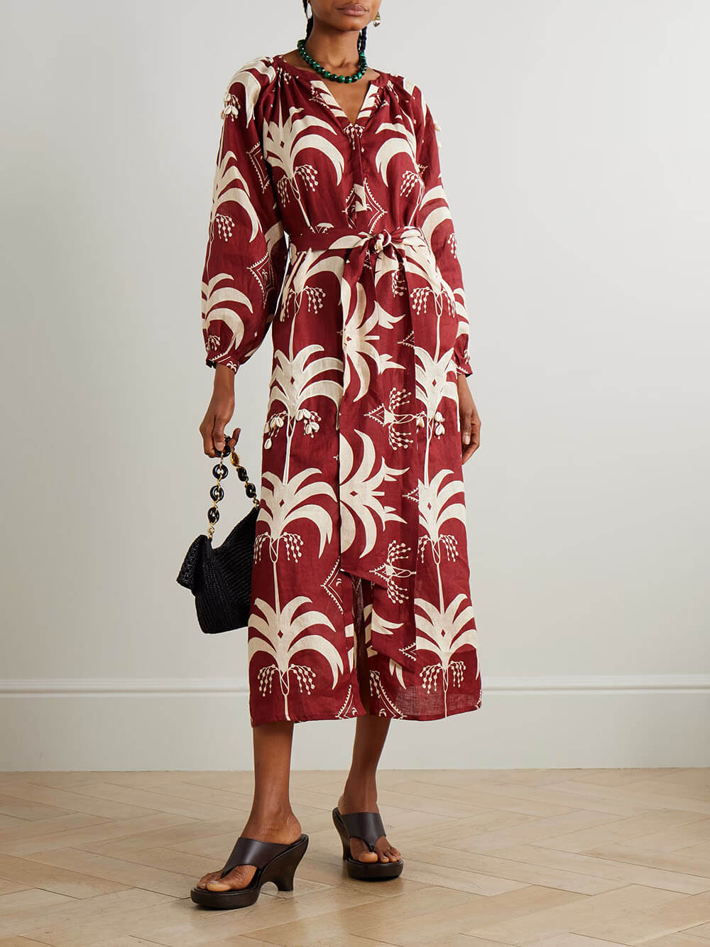 Retro Print Linen Tie-Waist Midi Dress