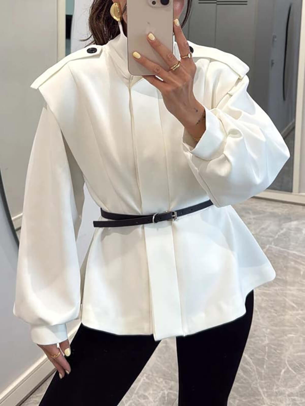 Modern Bold Stand Collar Button-Up Lantern Sleeve Loose Jacket