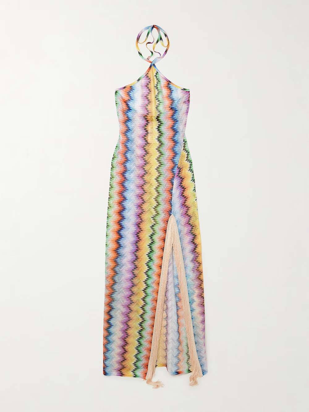 Unique Fringe Patchwork Striped Print Crochet Halter Maxi Dress