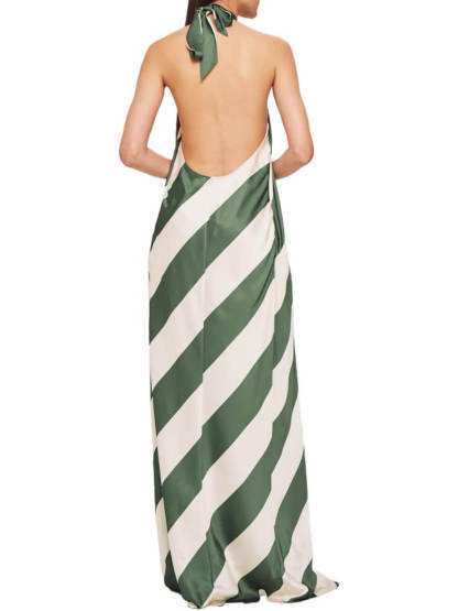 Exquisite Striped Print Halter Neck Backless Maxi Dress