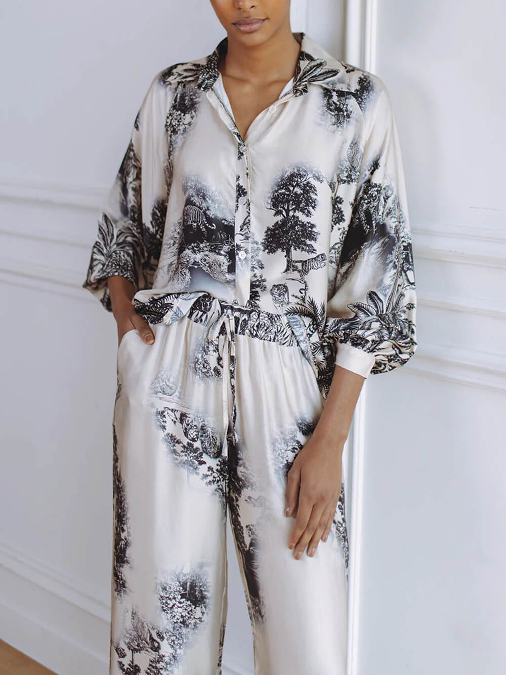 Unique Floral Print Loose Top And Elastic Waist Wide Leg Pants Set