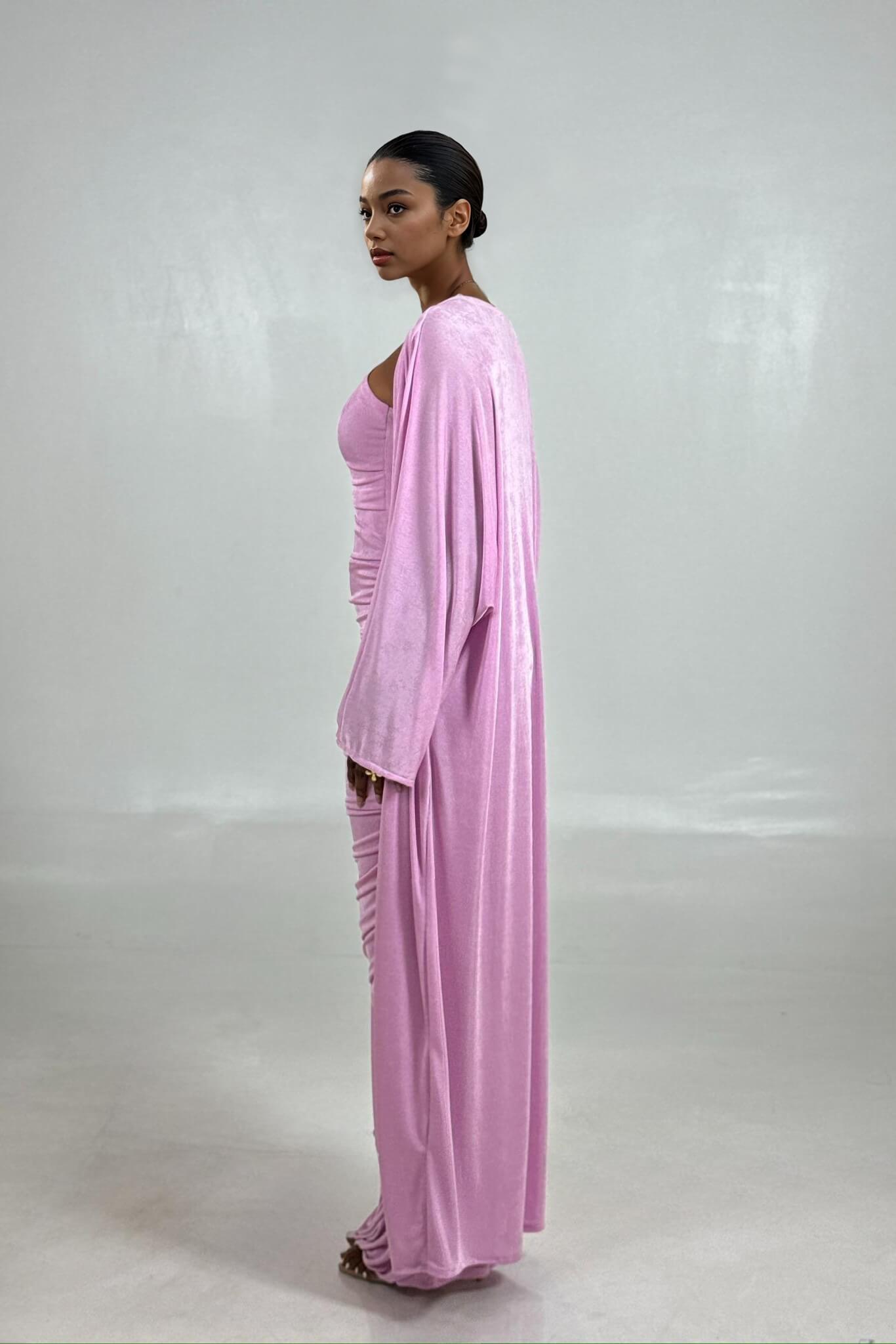 Elegant One-Shoulder Ruched White Maxi Dress with Long-Sleeve Cardigan Set