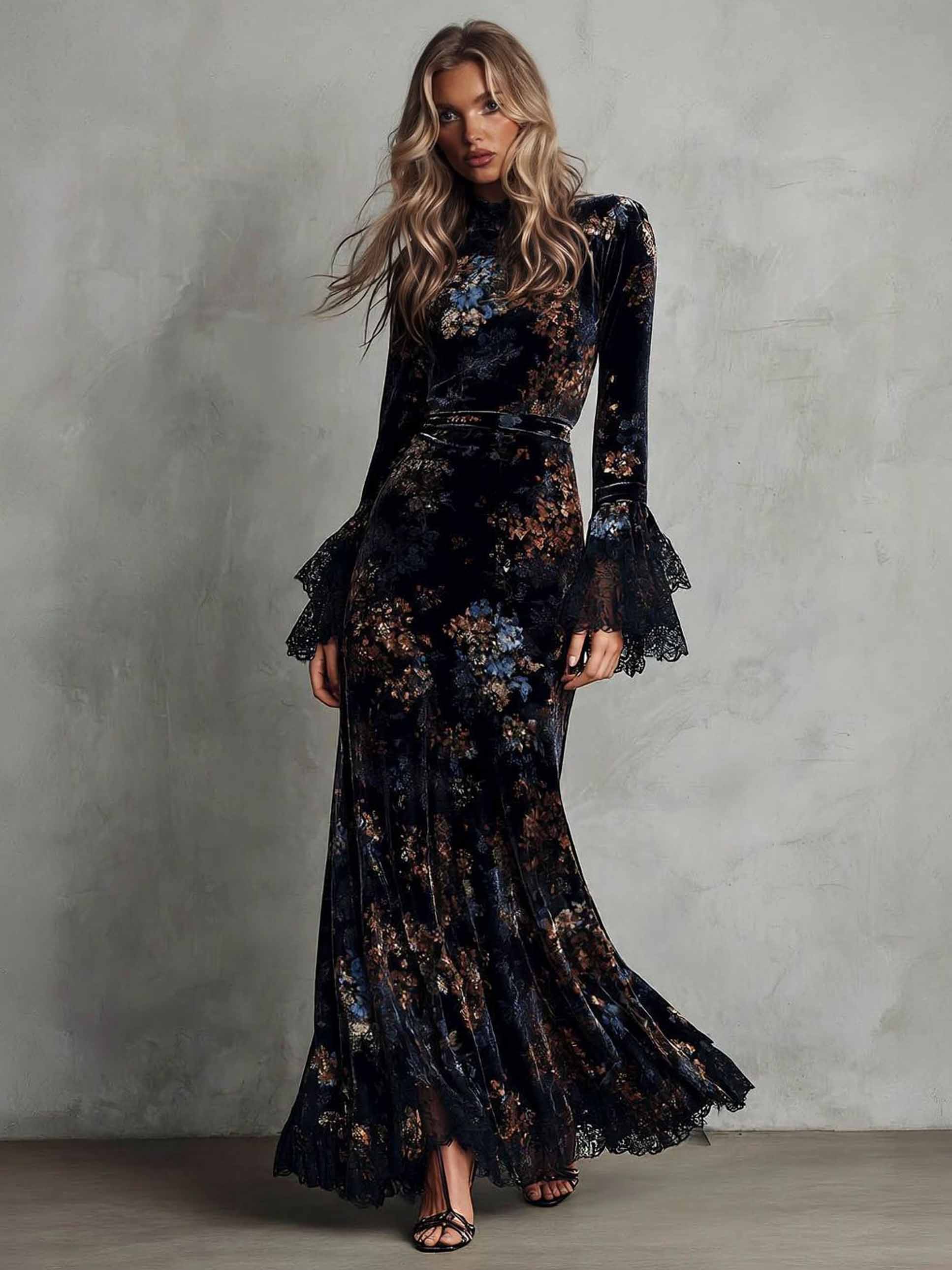 Exquisite Velvet Floral Print Pleated Maxi Dress