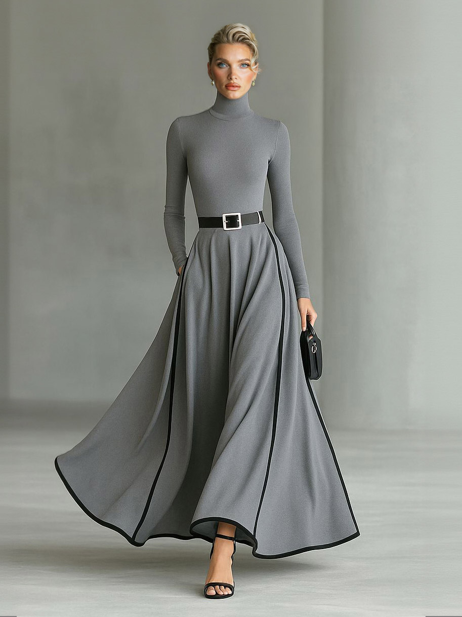 Elegant Color-blocked High-neck Maxi Dress