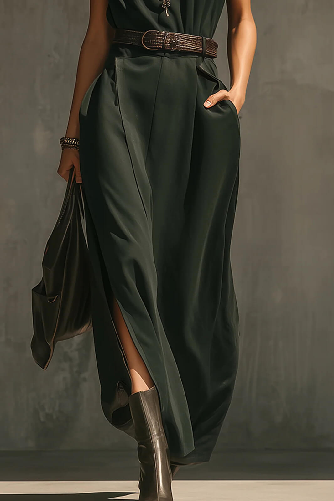Elegant Green Woven Sleeveless High-Neck Tie-Waist Maxi Dress
