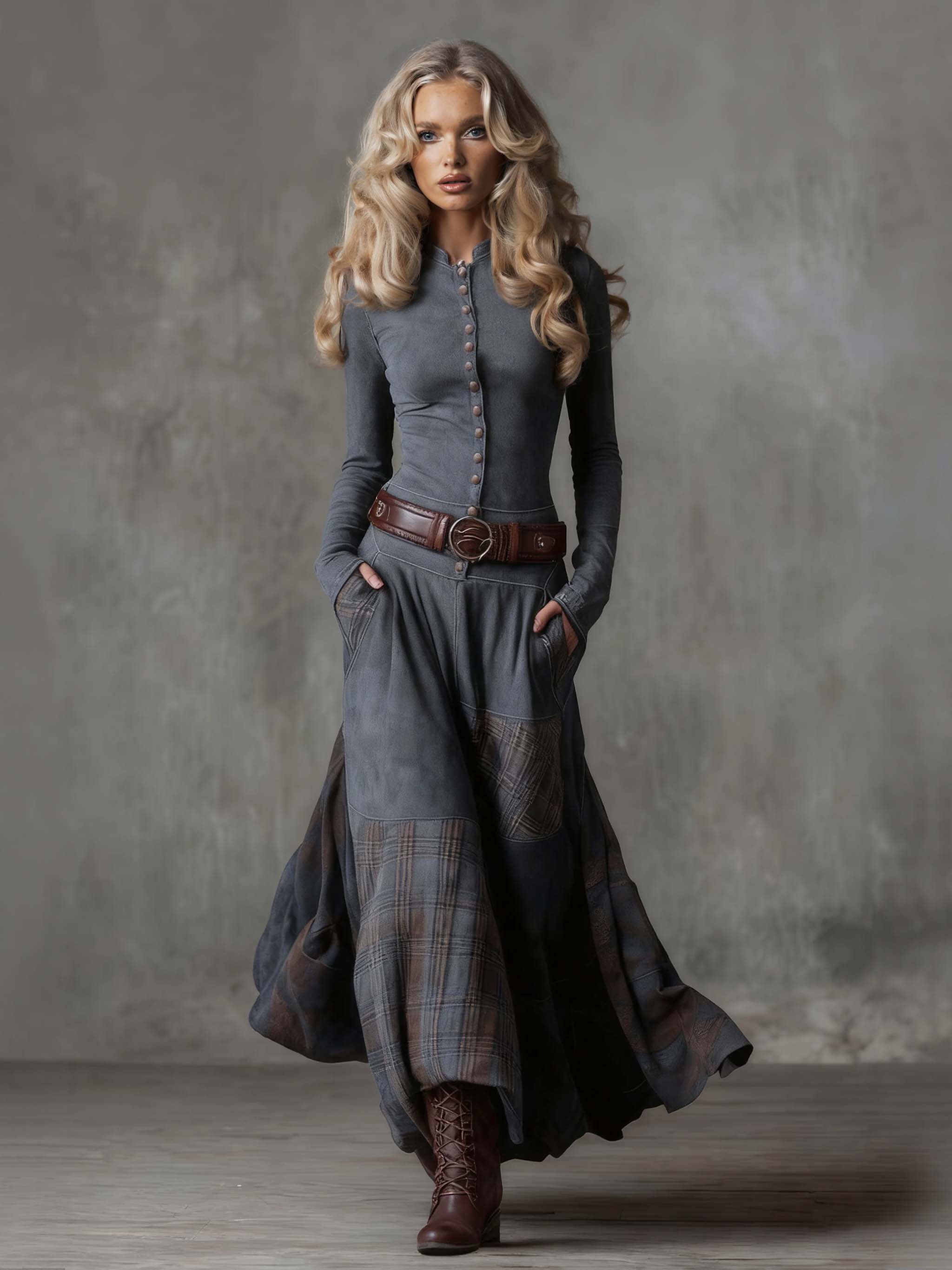 Retro Plaid Patchwork Maxi Dress