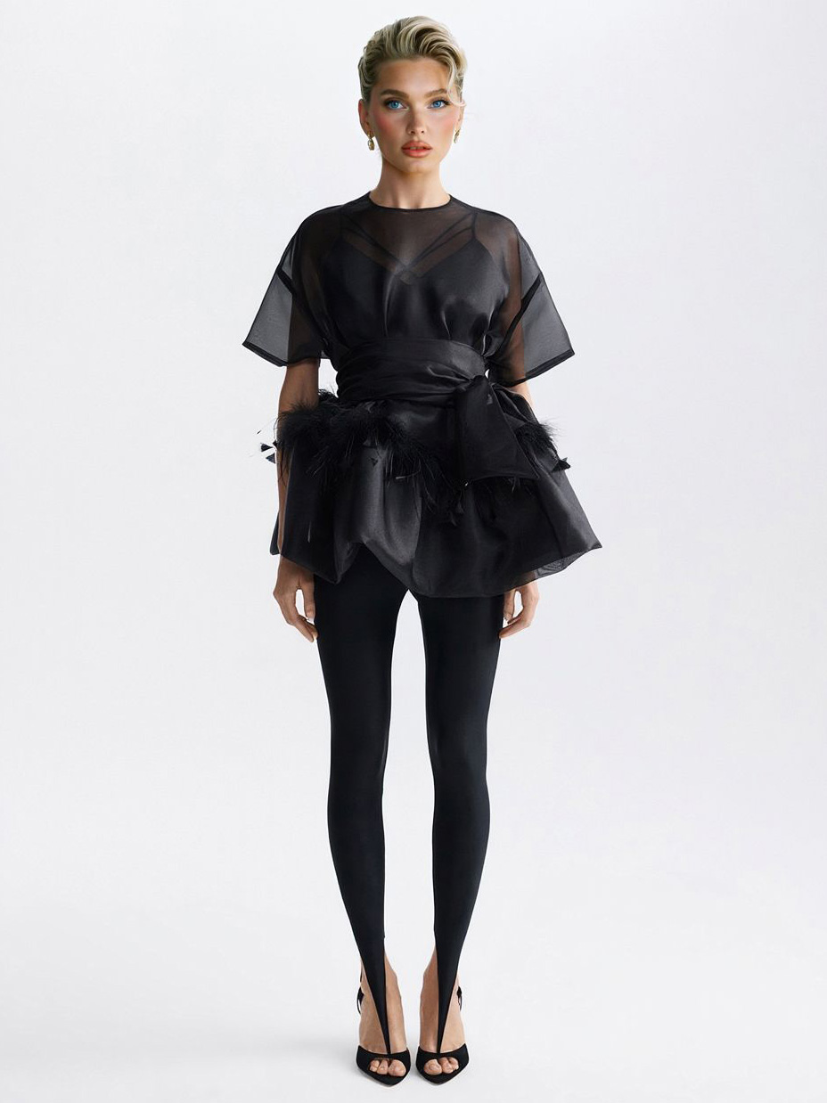 Elegant Feather Organza Top Two-Piece Set