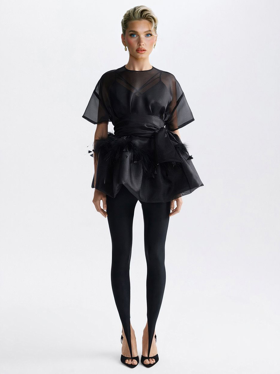 Elegant Feather Organza Top Two-Piece Set