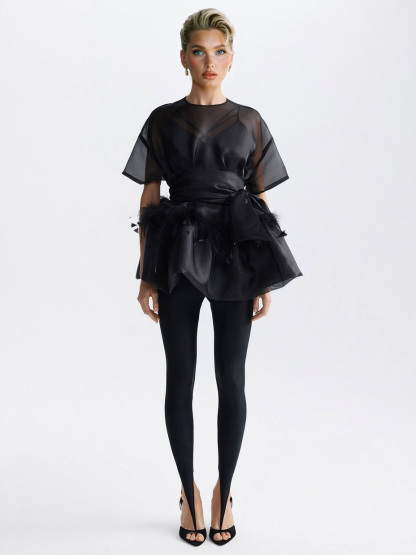 Elegant Feather Organza Top Two-Piece Set