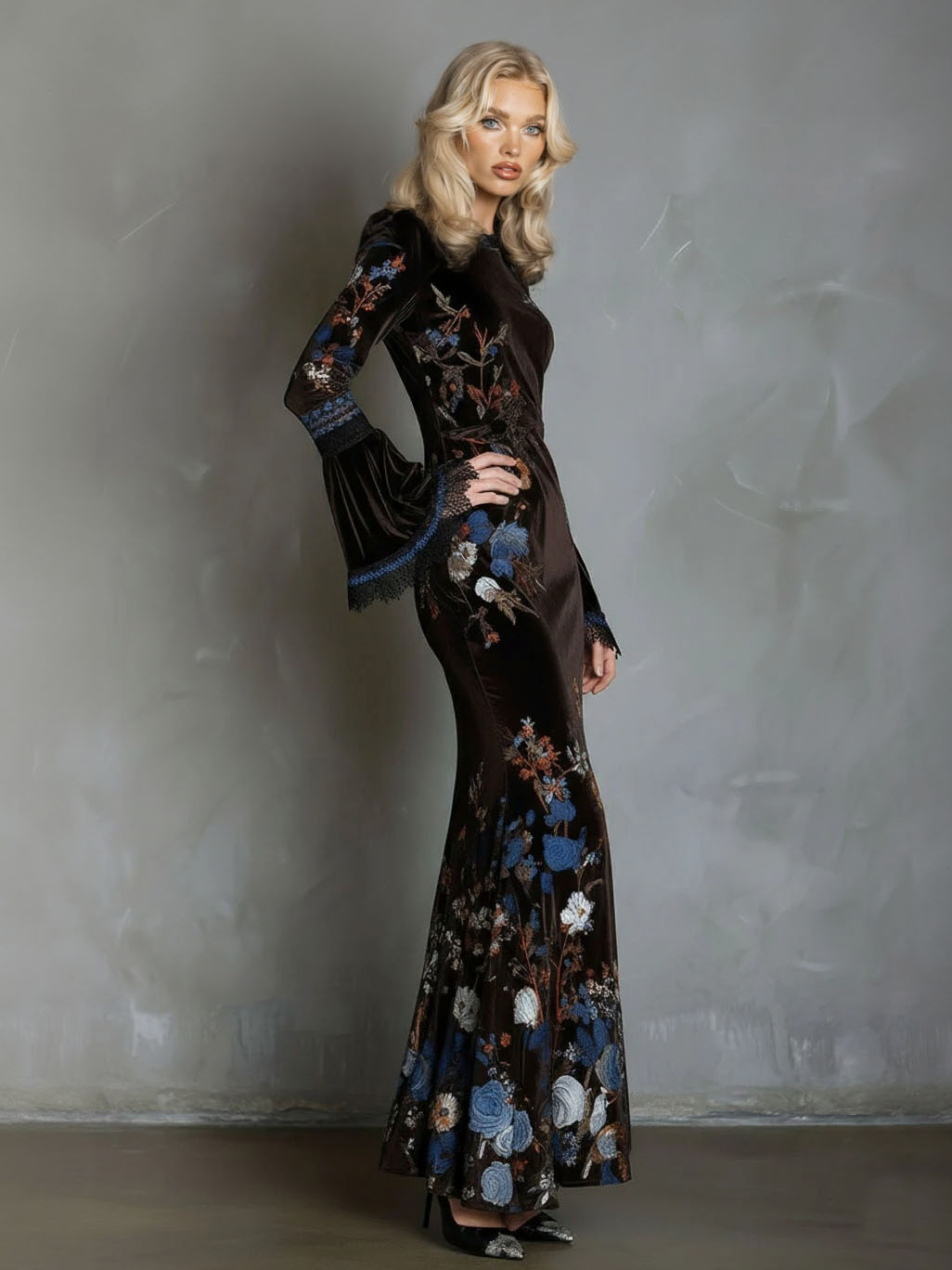 Elegant Velvet Floral Print Lace Flared Sleeve Fishtail Maxi Dress