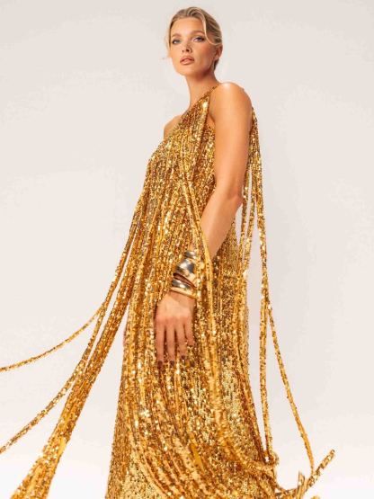 Elegant One-shoulder Neckline Tassel Sequin Maxi Dress