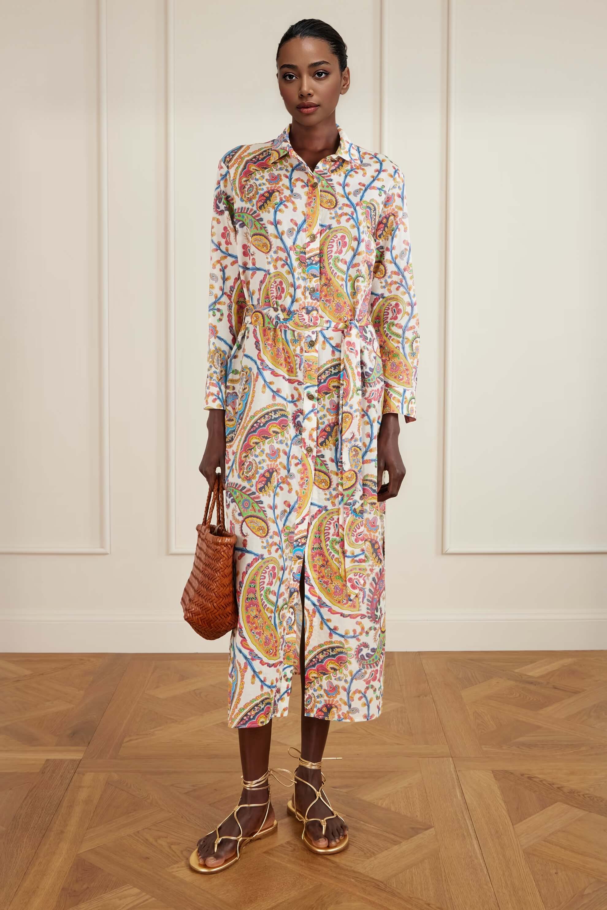 Unique Casual Tie-Waist Paisley Print Midi Shirt Dress