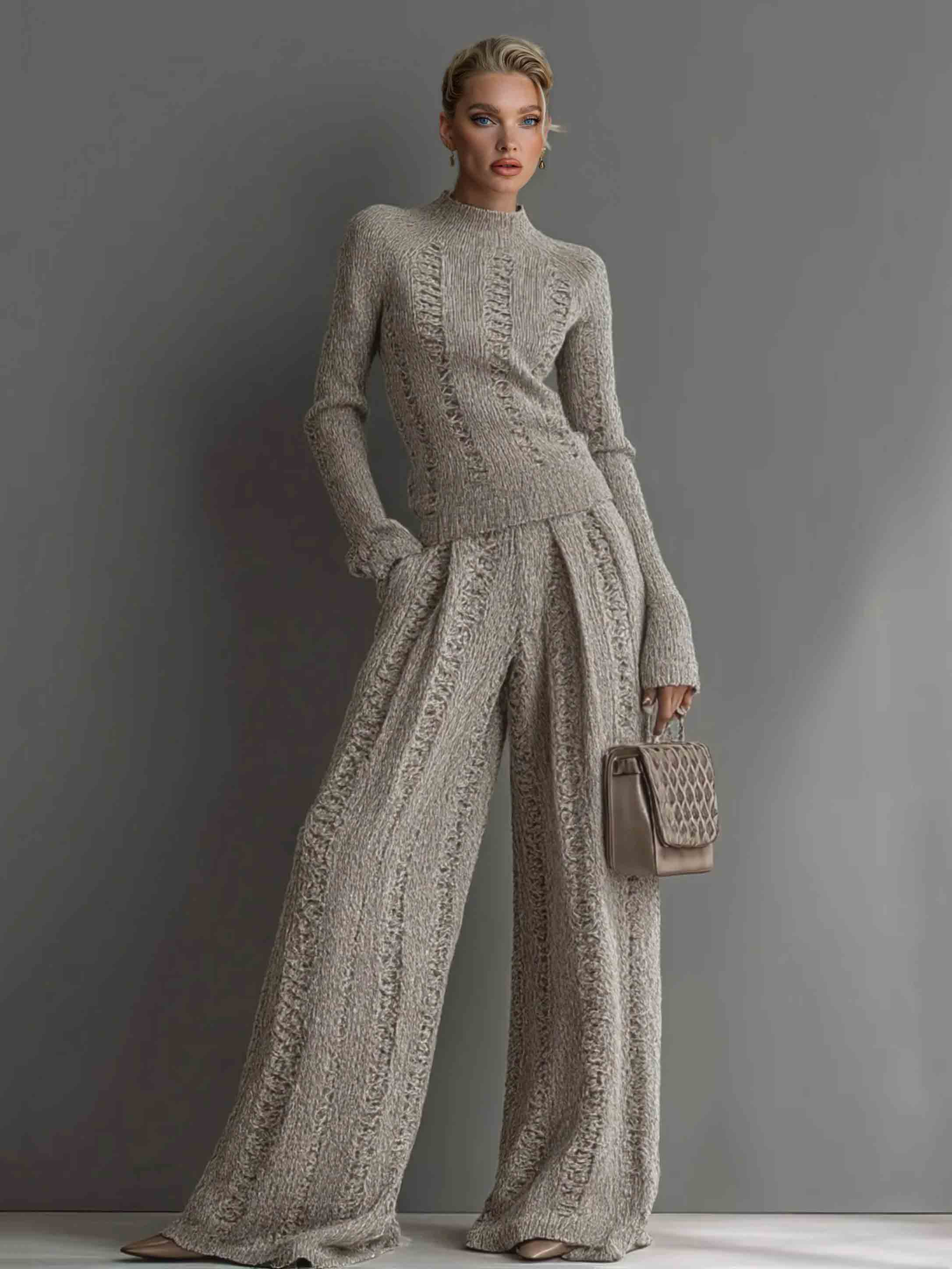 Casual turtleneck sweater and wide-leg pants suit