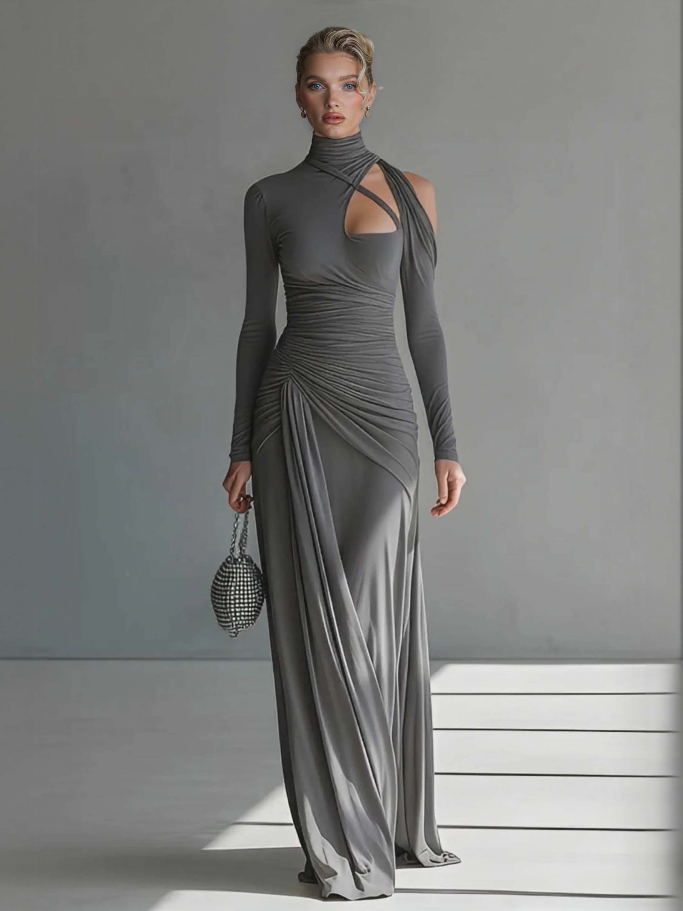 Casual Silky Stretch Pleated Cutout Maxi Dress