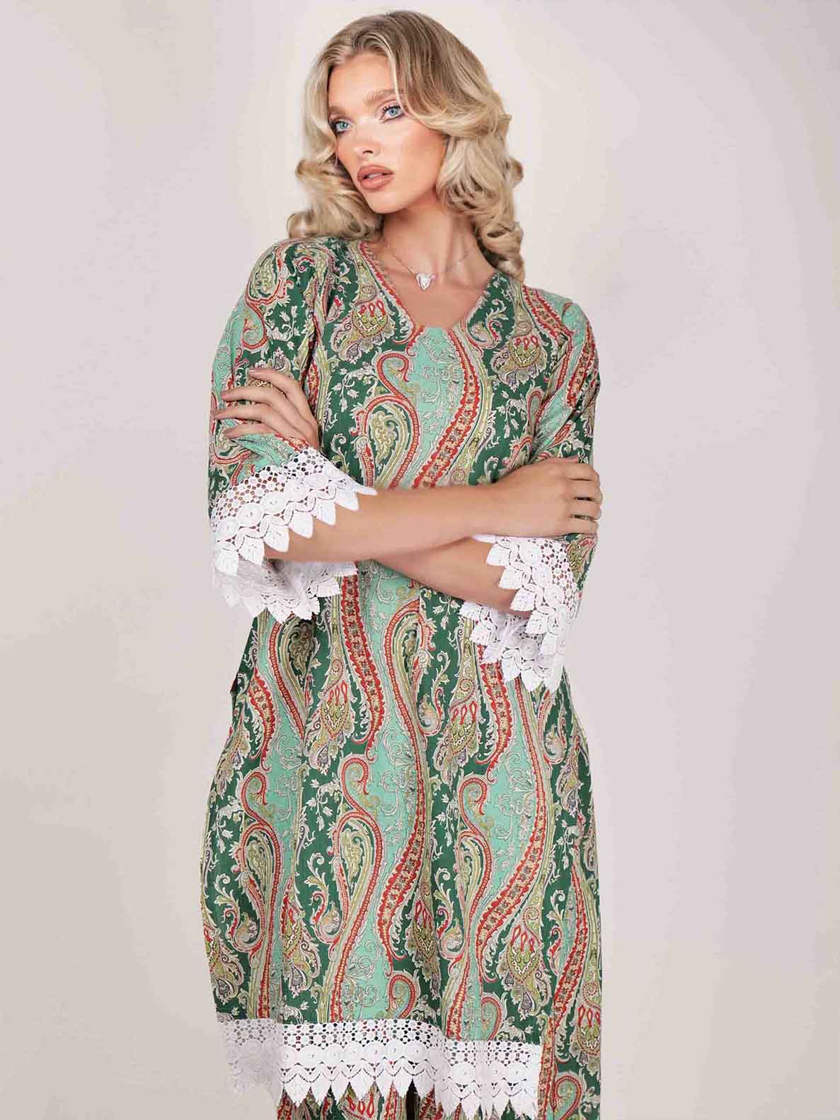 Elegant Paisley Print Lace-trimmed Wide-leg Pants