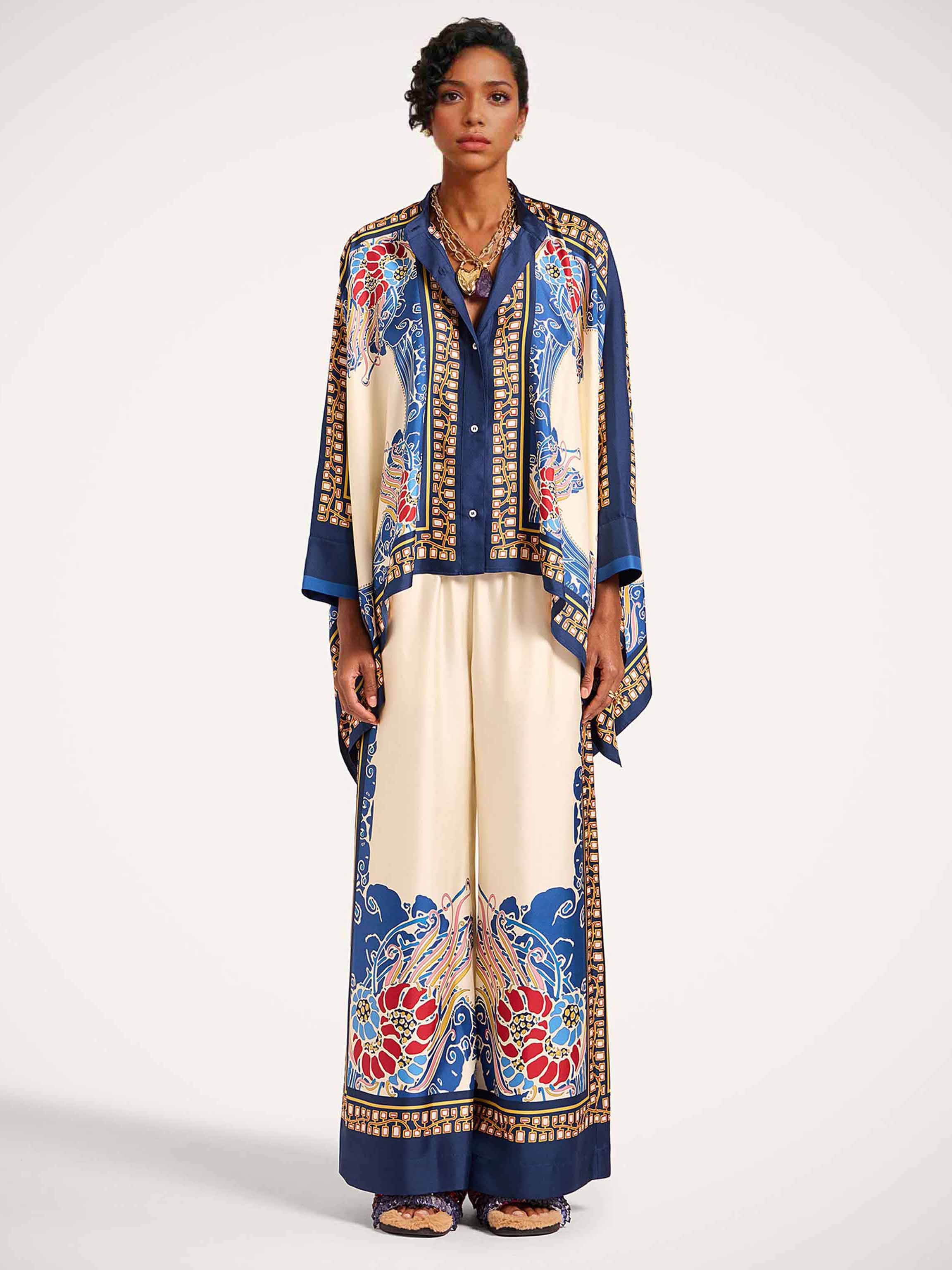 Elegant Bohemian Print Kimono Shirt Two-Piece Set
