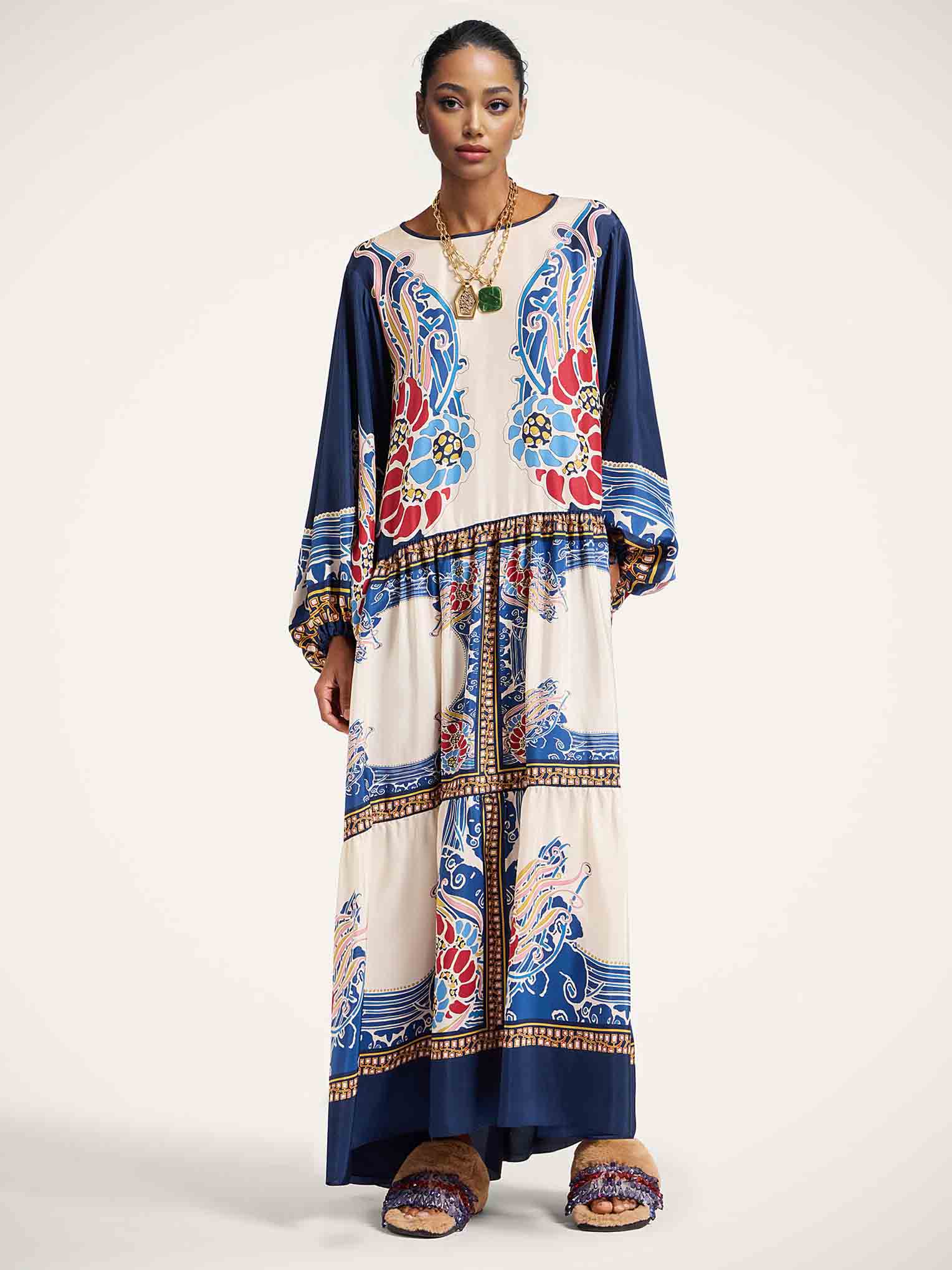 Elegant Bohemian Print Draped Loose Maxi Dress