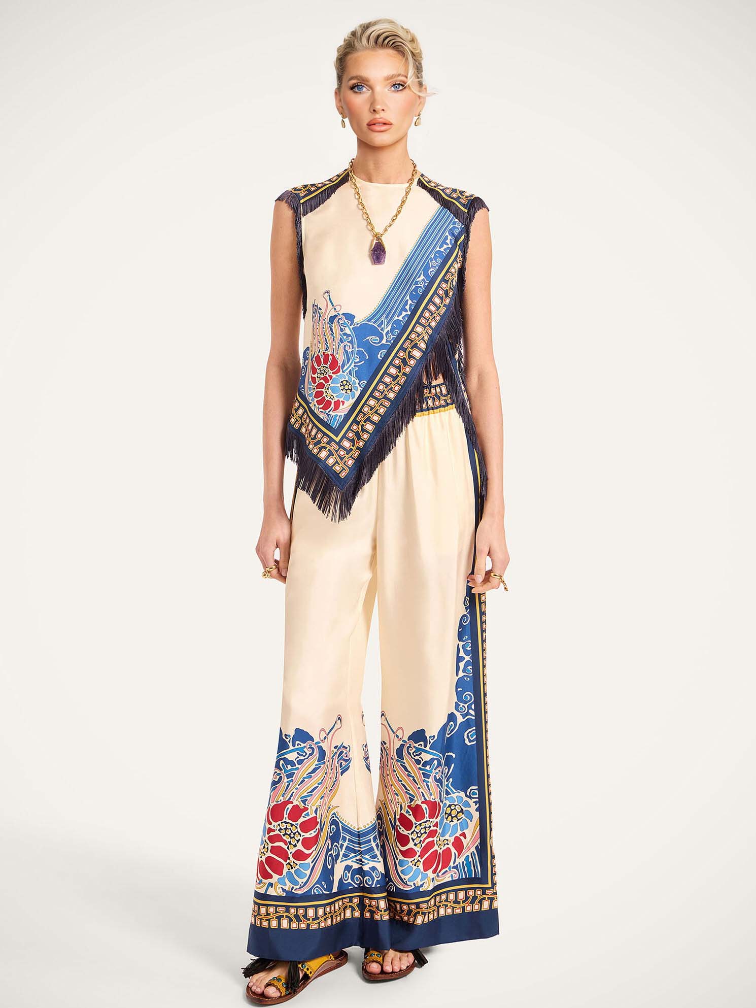 Elegant Bohemian Print Vest With Tassels Two-Piece Set