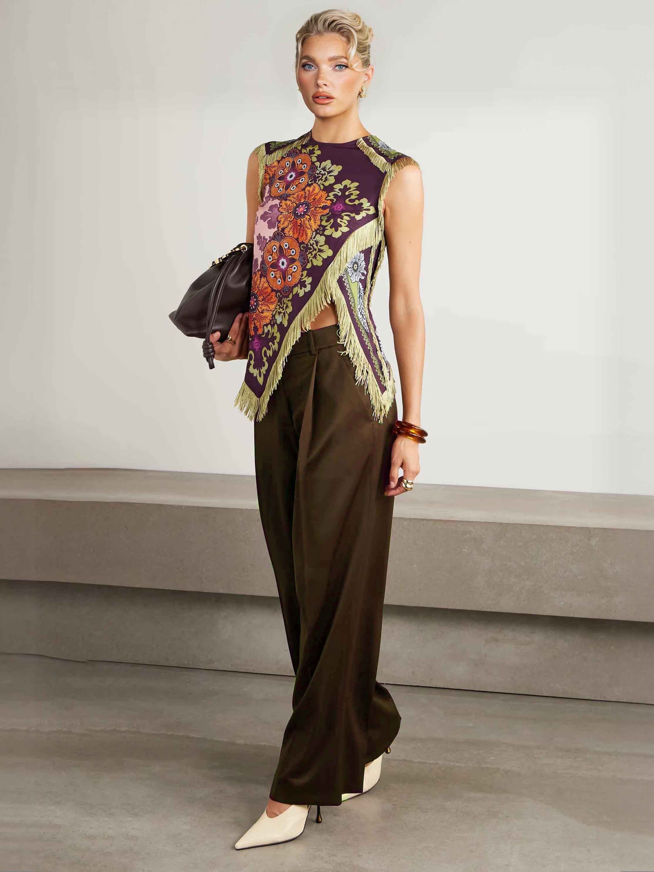 Unique Retro Floral Print Tassel Vest Two-Piece Set