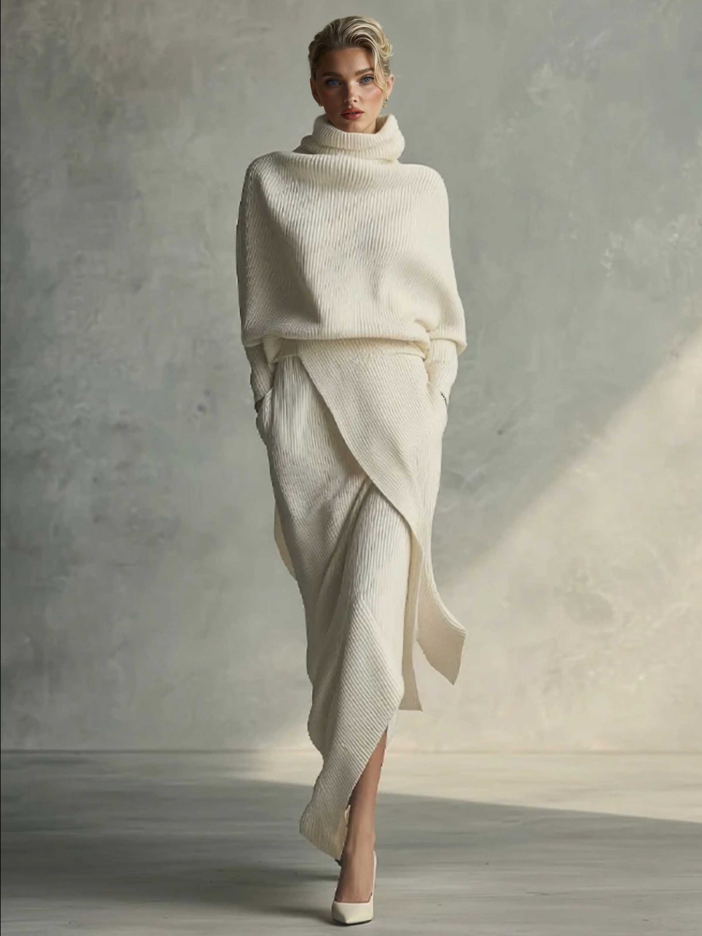 Casual Turtleneck Sweater And Asymmetrical Skirt Set