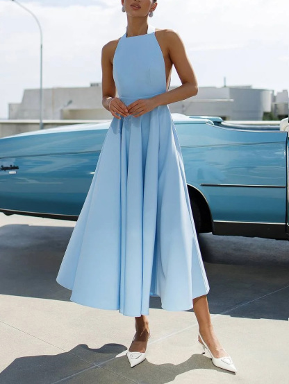 Elegant Halter Neck A-Line Midi Dress