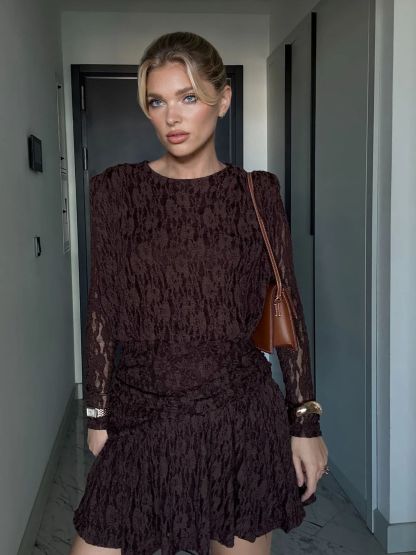 Elegant Long-sleeved Lace-textured Mini Dress