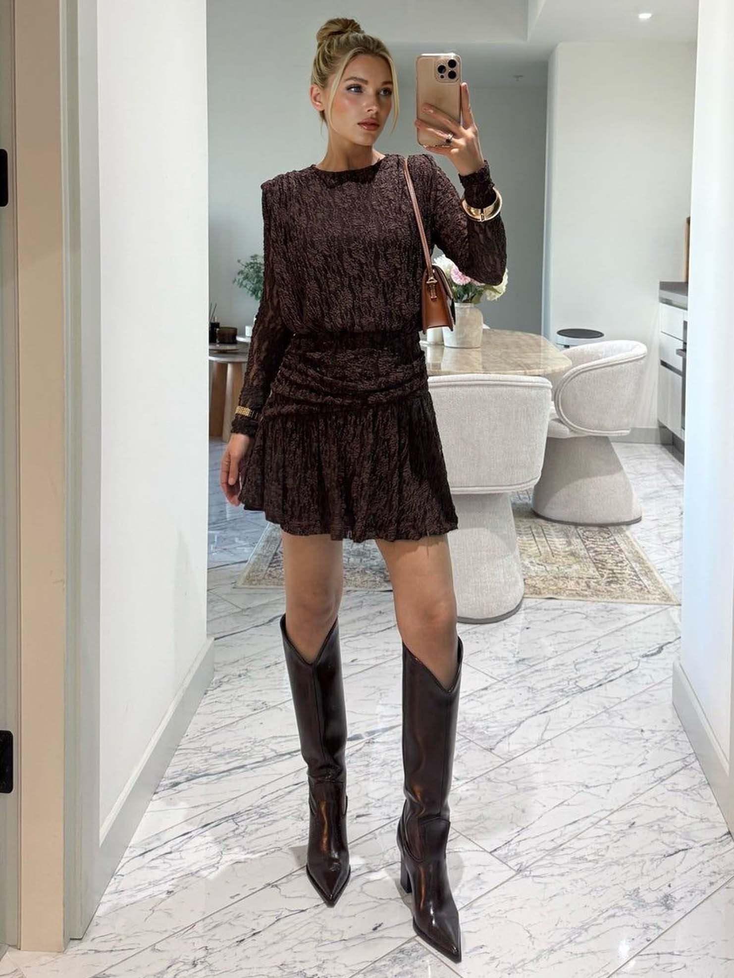 Elegant Long-sleeved Lace-textured Mini Dress