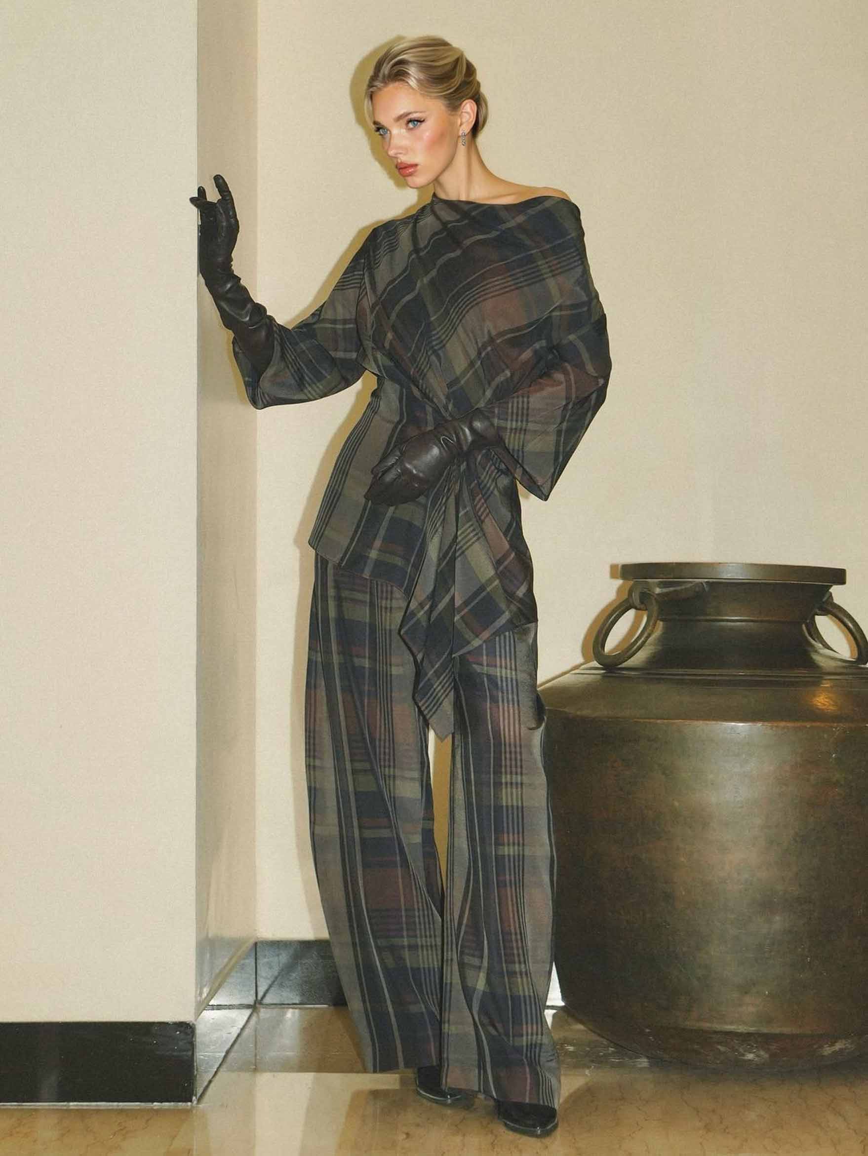 Plaid Straight-Leg Tailored Pants