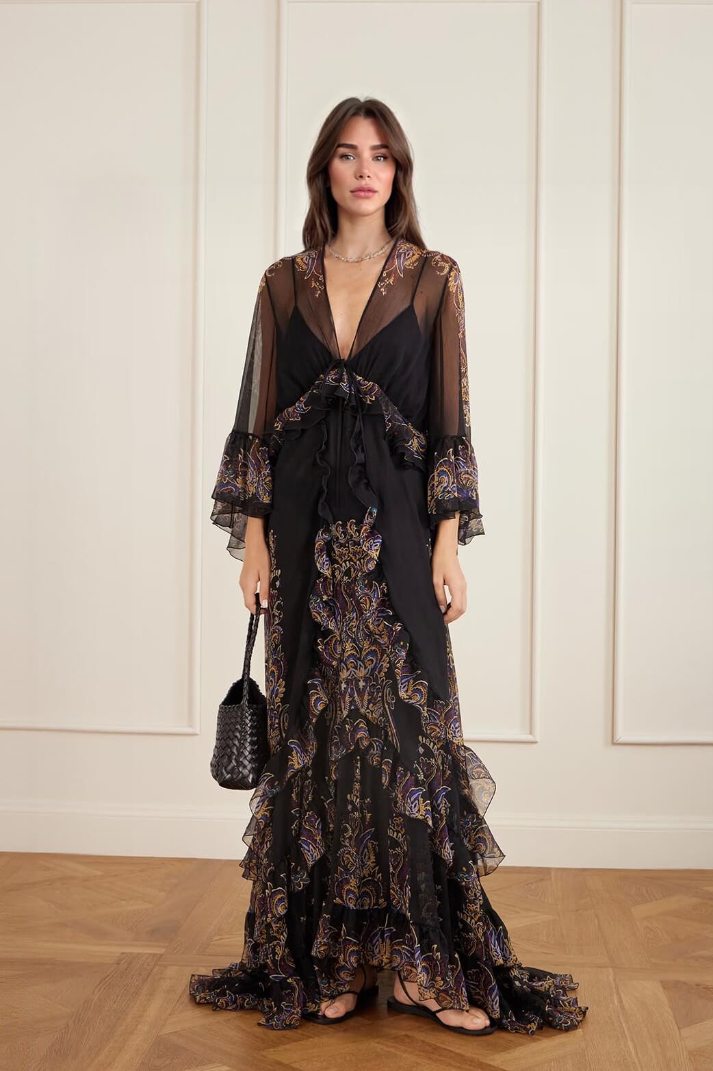 Retro Ruffled Paisley Print Chiffon Maxi Dress