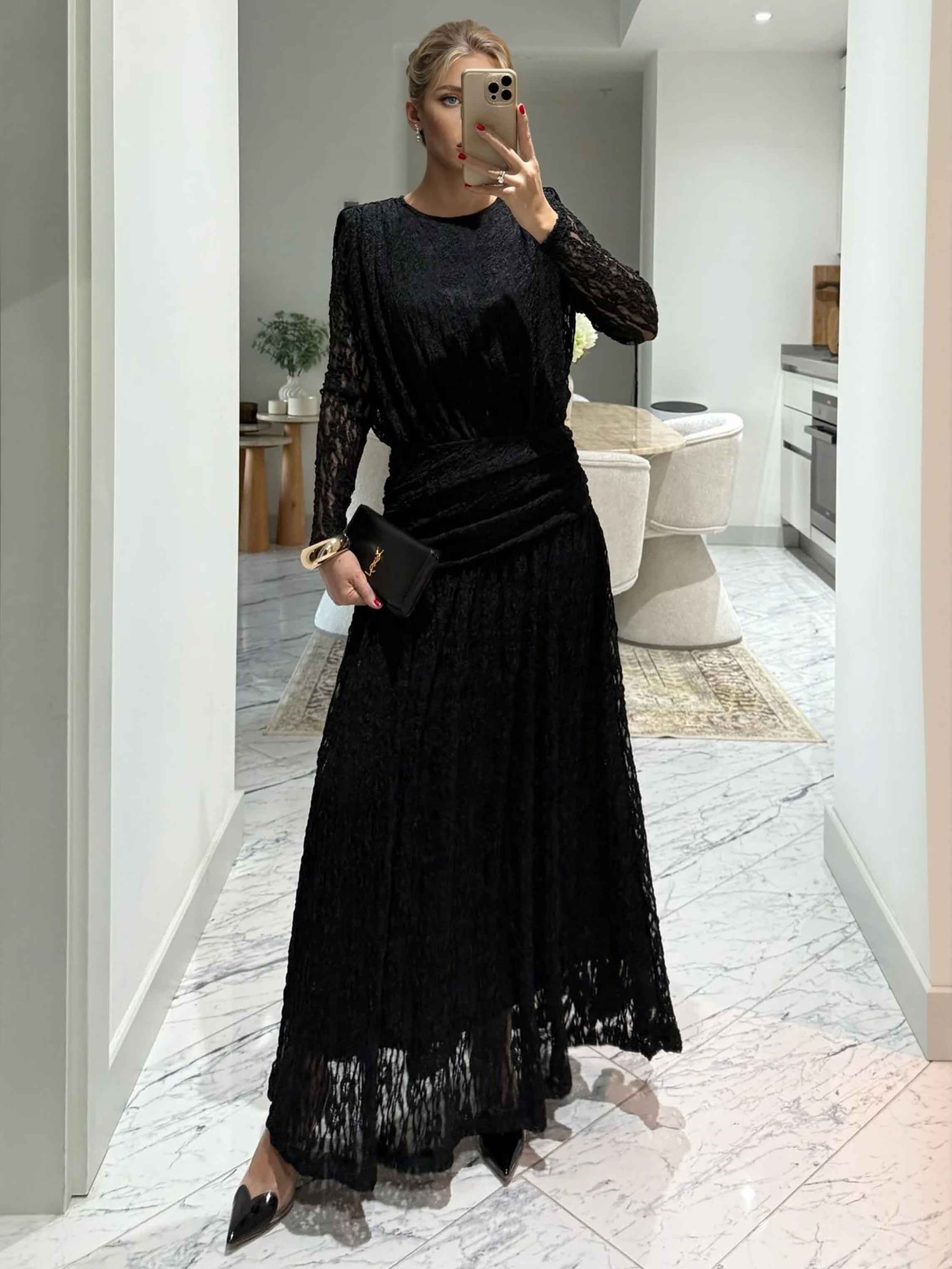 Elegant Long-Sleeve Lace-Textured Maxi Dress