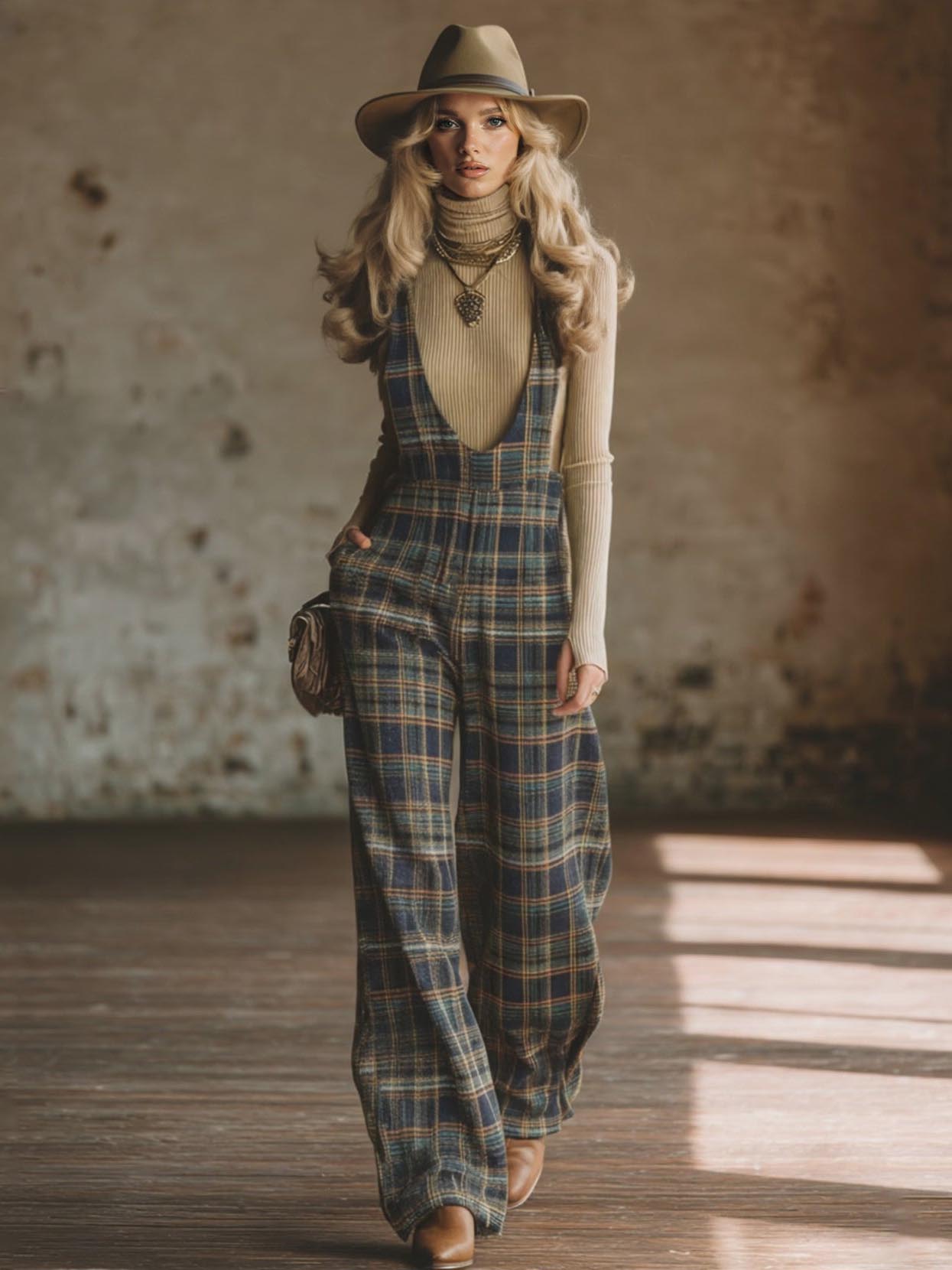 Casual Retro Plaid Wide-leg Overalls