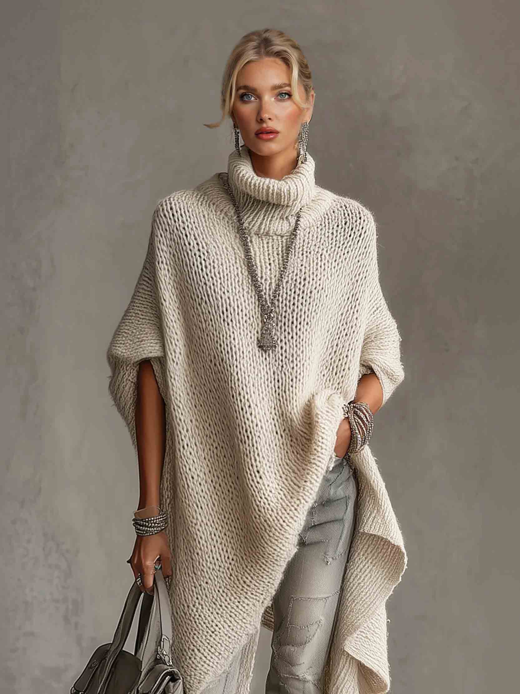 Asymmetrical Hem High-neck Knit Midi Dress