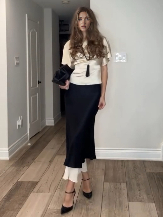 Elegant Satin Top & Layered Contrast Maxi Skirt Two-Piece Set