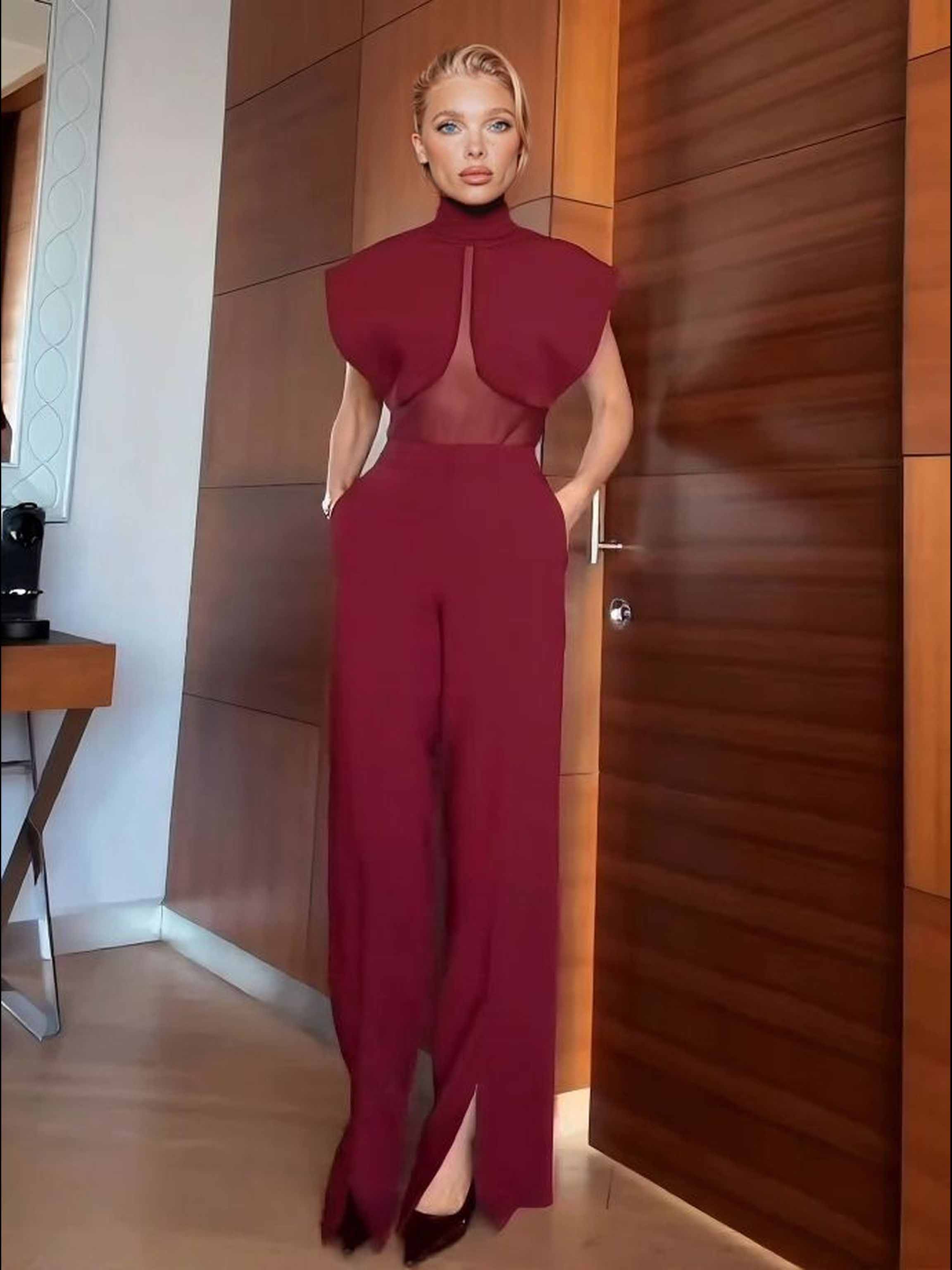 Elegant High-Neck Mesh Panel Top & Slit Pants Two-Piece Set