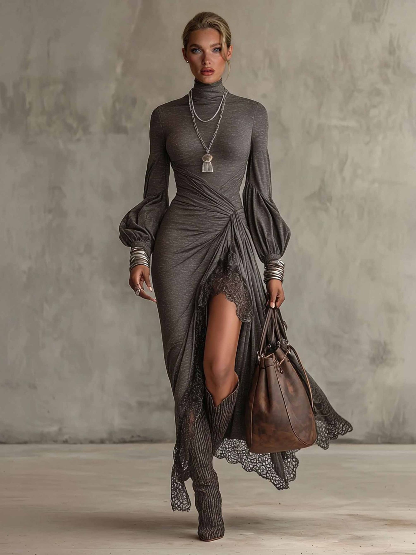 Elegant Puff-sleeved Knitted Lace Maxi Dress