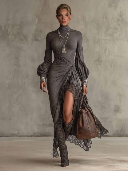 Elegant Puff-sleeved Knitted Lace Maxi Dress