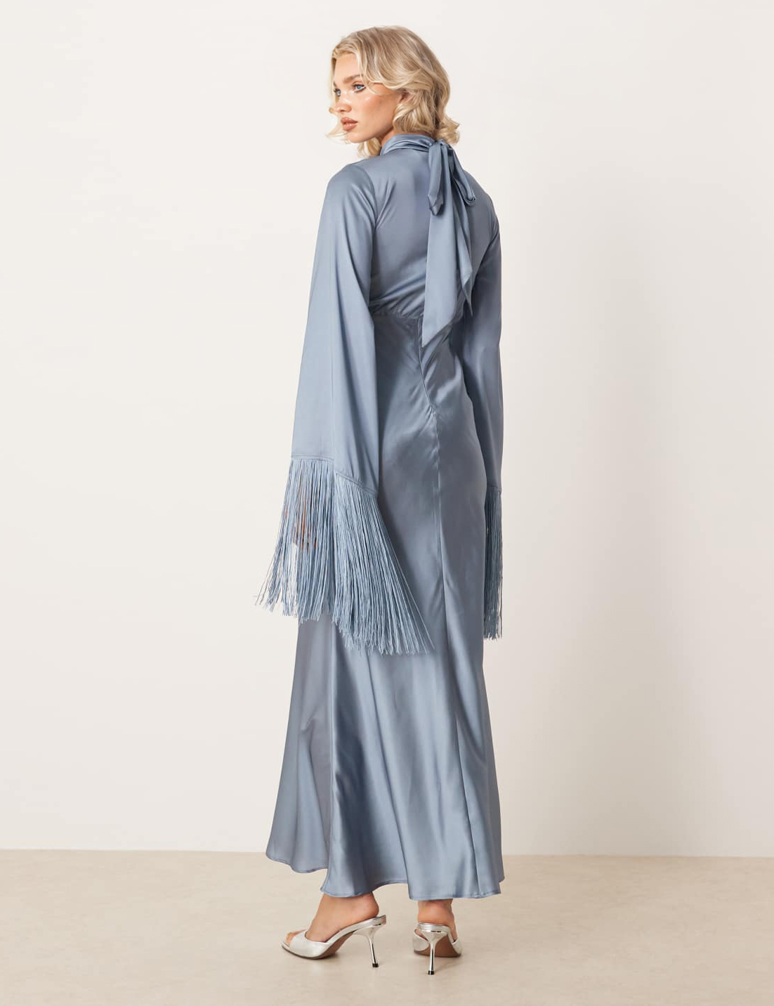 Elegant Satin Printed Tassel Maxi Dress