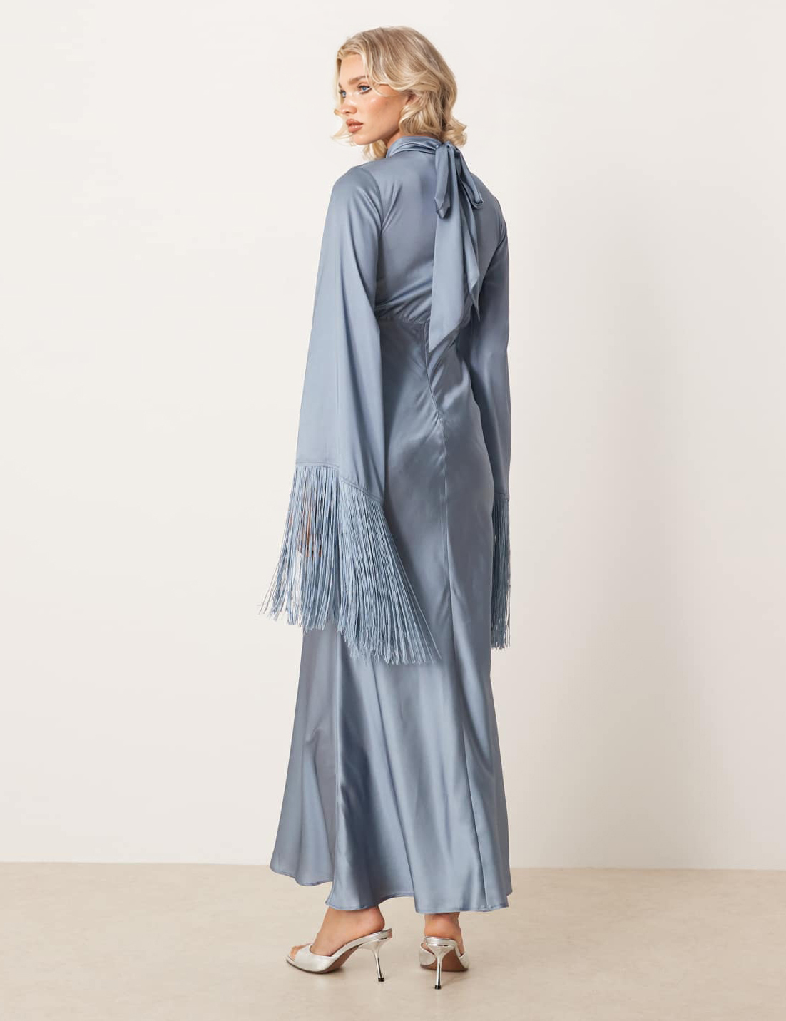 Elegant Satin Printed Tassel Maxi Dress